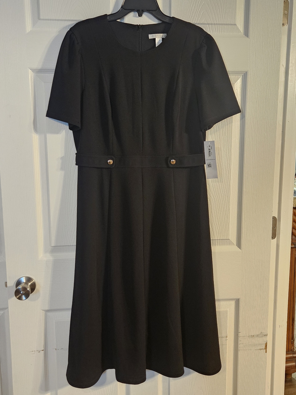 London Times Black Midi Dress with Gold Button Waist
